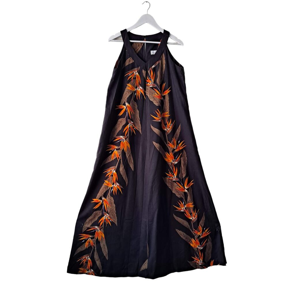 Nohea Dress Birds of Paradise Print Sleeveless Vneck Maxi Black Womens Large NWT